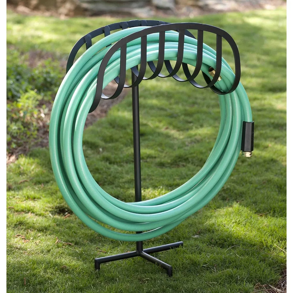 

Freestanding Decorative Powder Coated Steel Manger Garden Hose Holder Storage Stand with 3 Prong Anchor Support, Black