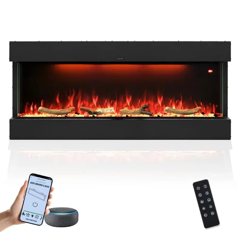Modern Style 3 Sided Electric Fireplace Smart Control Tempered Glass 400 SQ FT Heating Class Energy Efficiency Built-In Heater
