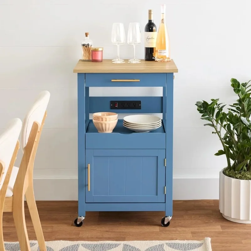 Rolling Kitchen Island Cart with Single Door Cabinet, Drawer, Sliding Tray, Outlet, Hooks, and Lockable Wheels