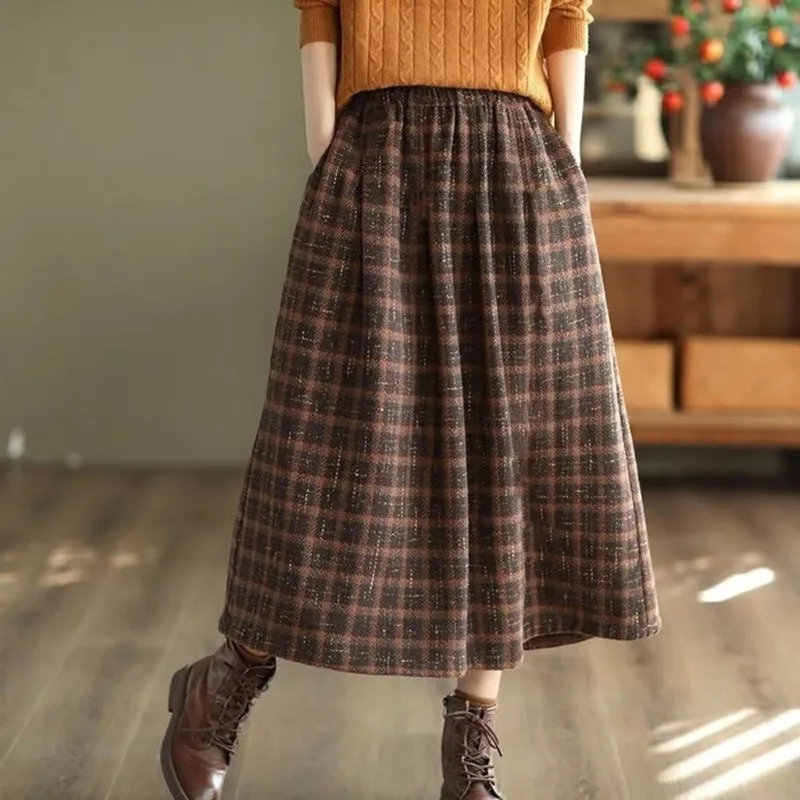 

2024 New Arrival Autumn/winter Women Loose Casual All-matched Plaid A-line Mid-calf Wool Skirt High Waist Vintage Skirts