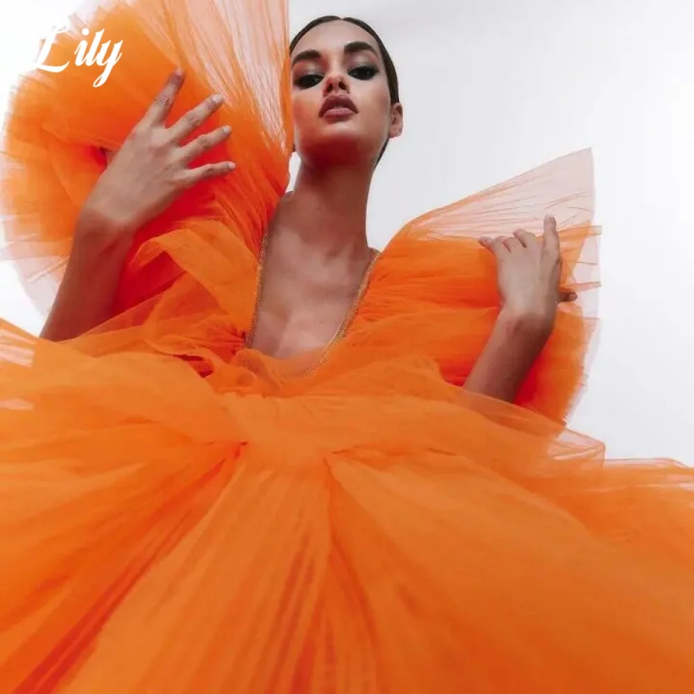 Lily – robe de soirée élégante, couleur Orange, col en v, robe formelle, ligne a, superposée, plissée, traînante, personnalisée