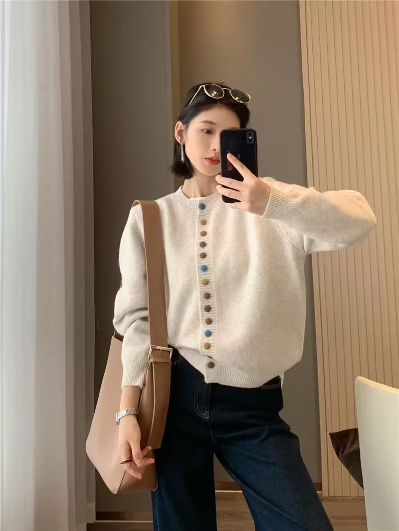 Autumn Winter New Knitted Cardigan Women's Sweater Jacket Multicolor Simple Style With Colorful Buttons N382