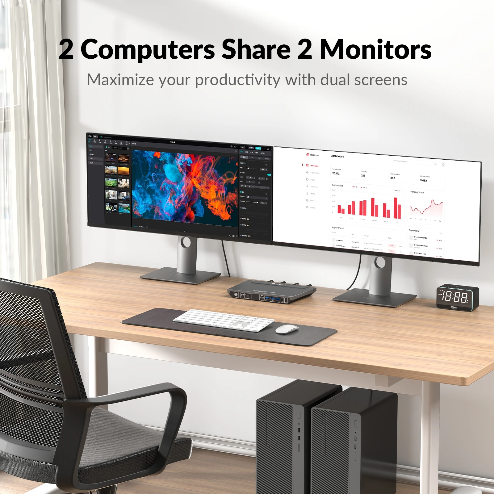 AV Access KVM Switch 2 Monitors 2 Computers, EDID Support, USB 3.0 Hub–Control 2 PCs in Dual HDMI Monitor 4K@60Hz( 4KSW21-DM)