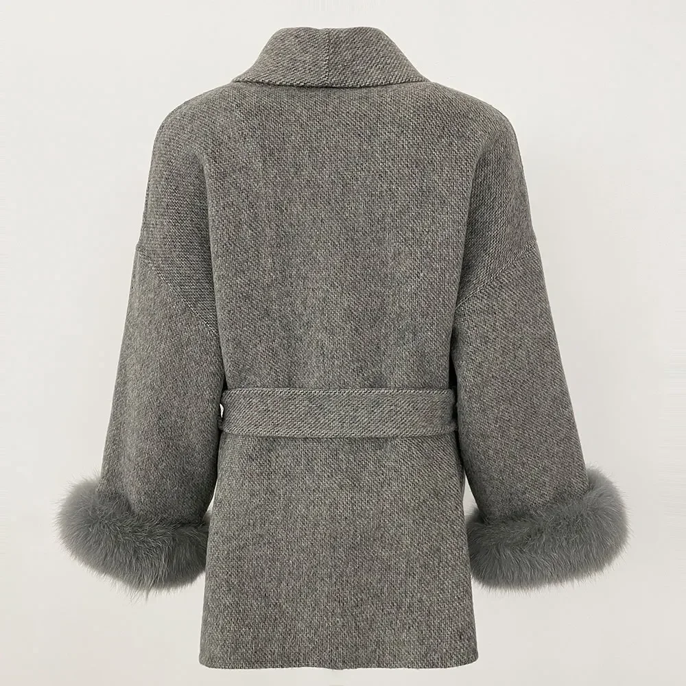 Nueva moda mujer Oficina señora desmontable Natural de gran tamaño piel de zorro puños chaqueta Otoño Invierno Real Natural suelto abrigo de lana caliente