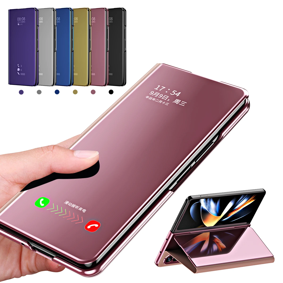 Z Fold 4 3 5G Smart Flip Full Screen Mirror Cover For Samsung Galaxy Z Fold2 Clear View Time Display Flip Stand Leather Case