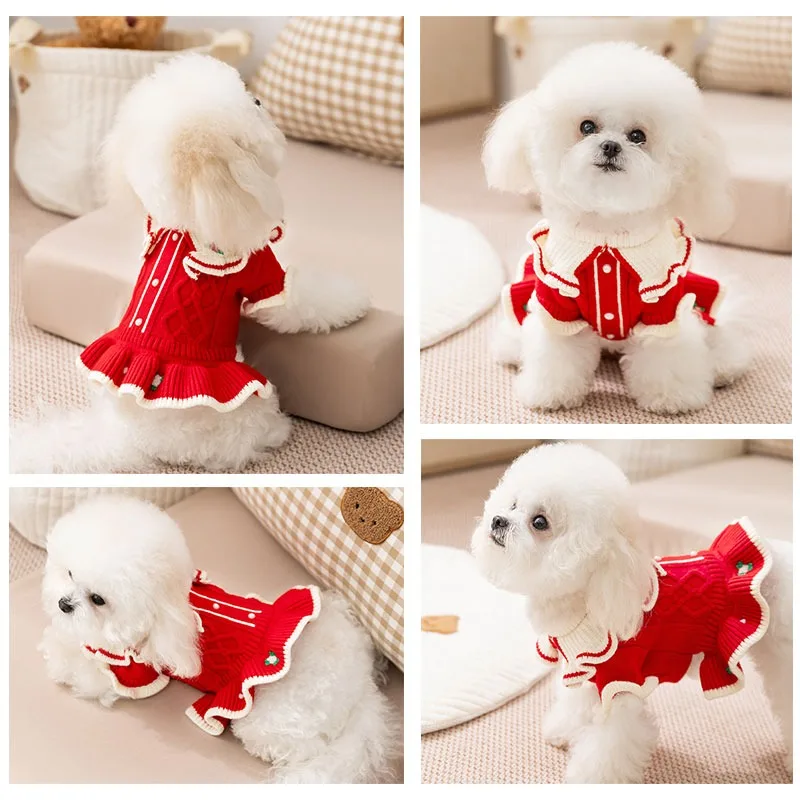 

Pet New Year's Clothes Teddy Princess Style Dress Cute Knitted Embroidered Flower Bichon Frise Skirt Dog Winter Warm Clothes