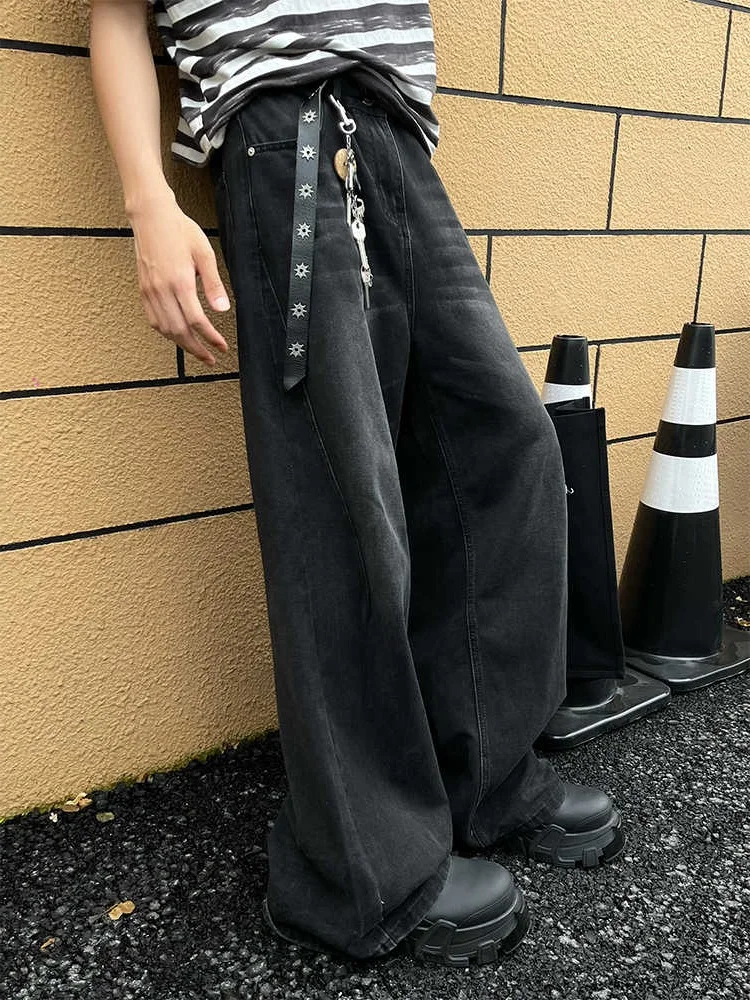 Washed American Retro Men's Jeans High Street Casual Loose Wide Leg Floor-Length Pants Spring Autumn Small Audience Design Sense