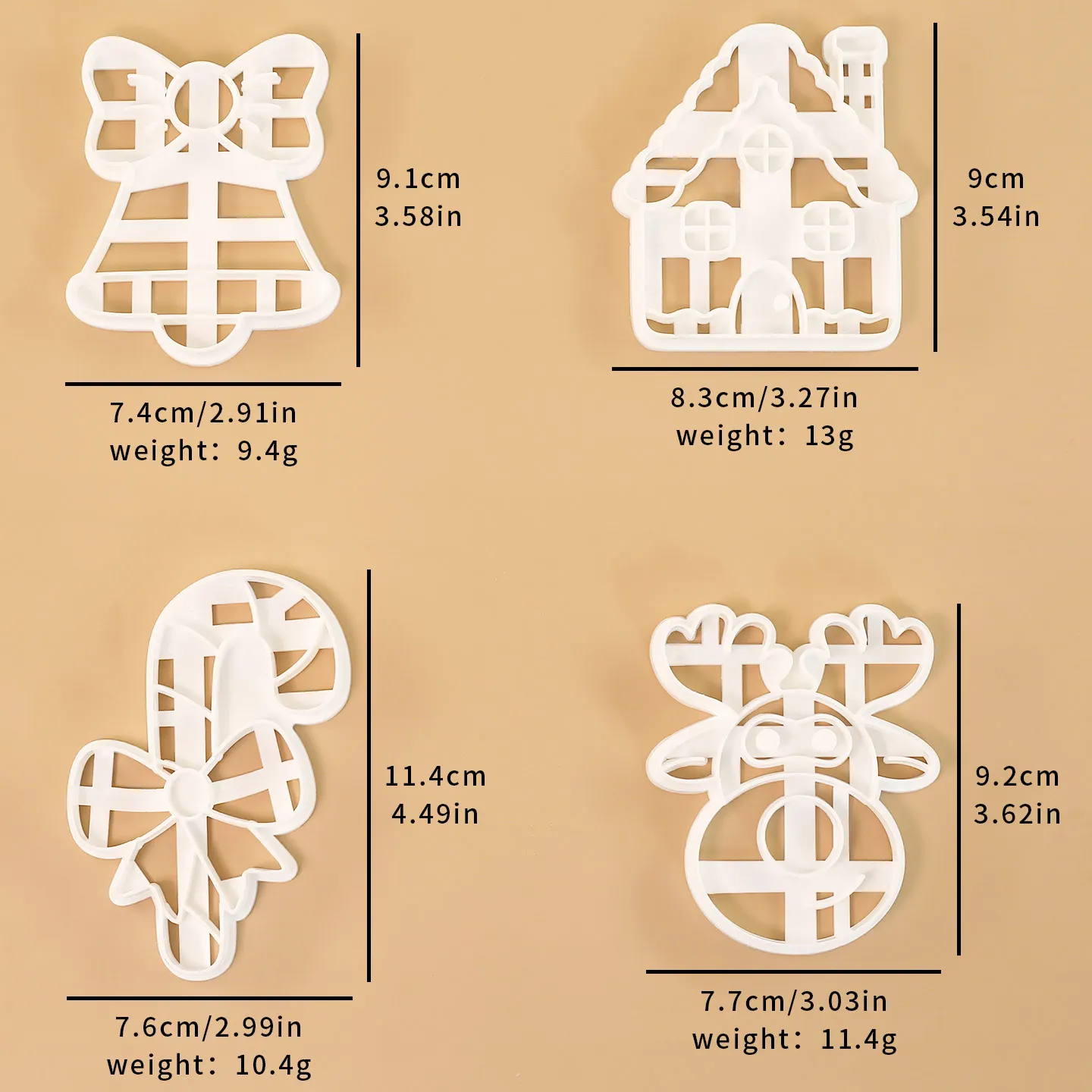 4 Pcs Christmas Cookie Cutter Set - Reindeer Chimney Candy Cane Bell Shaped Biscuits Baking Molds for Christmas Tree Decorations