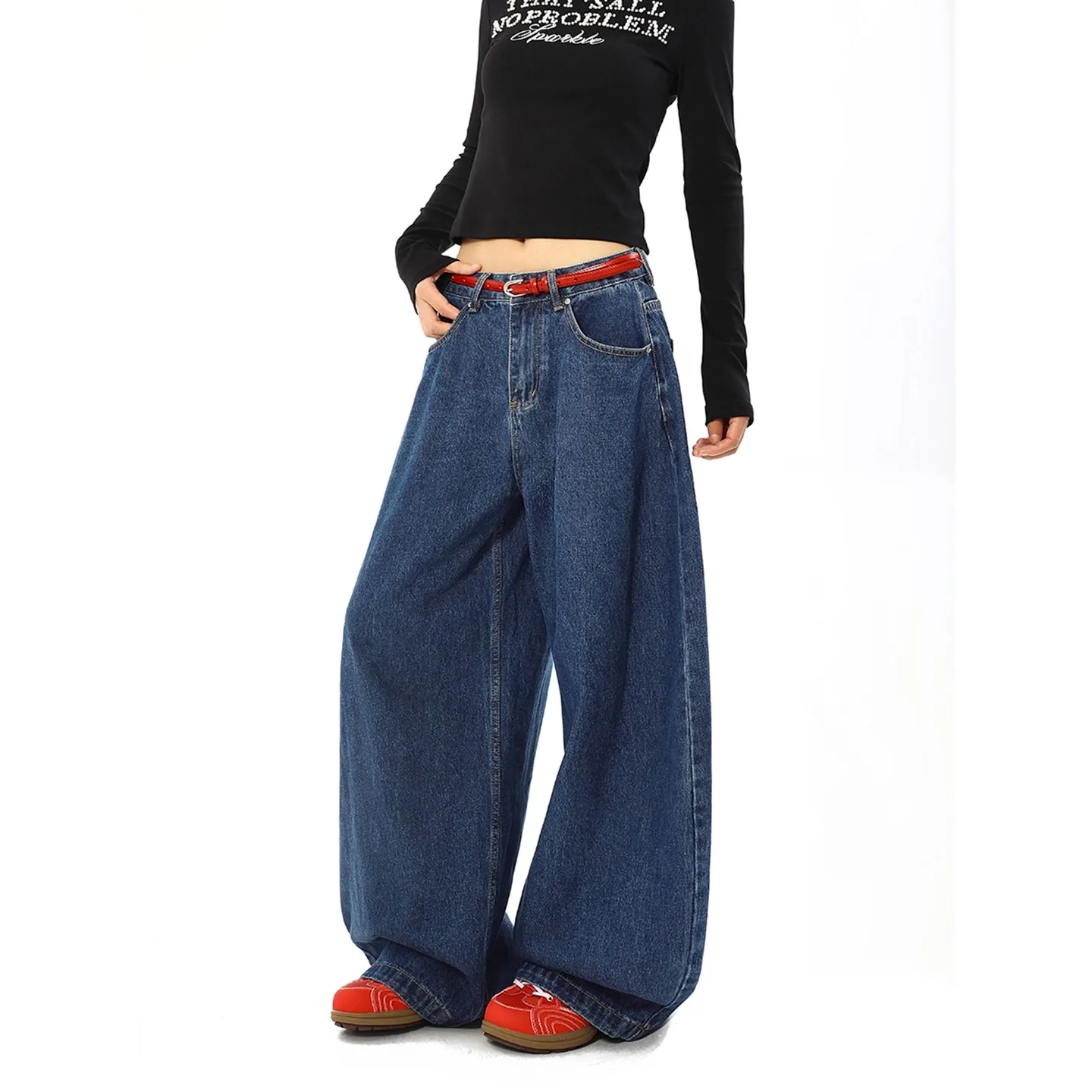 

Синие женские джинсы с высокой талией, винтажные прямые классические джинсовые брюки Y2K, уличная одежда, американские широкие мешковатые джинсовые брюки