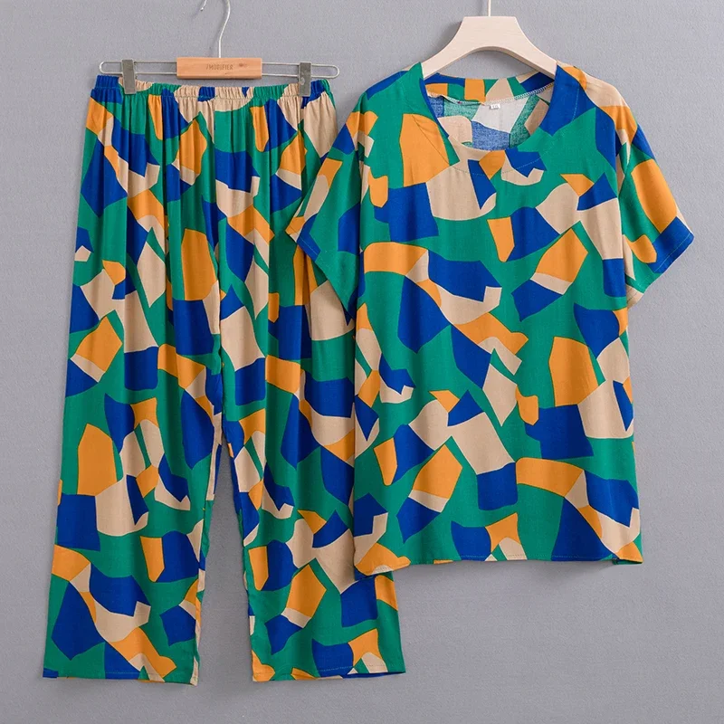 Summer Two Piece Set for Women Clothing 2023 New Casual Print Oversize Trouser Sets Summer Middle Aged Women's Top and Pants