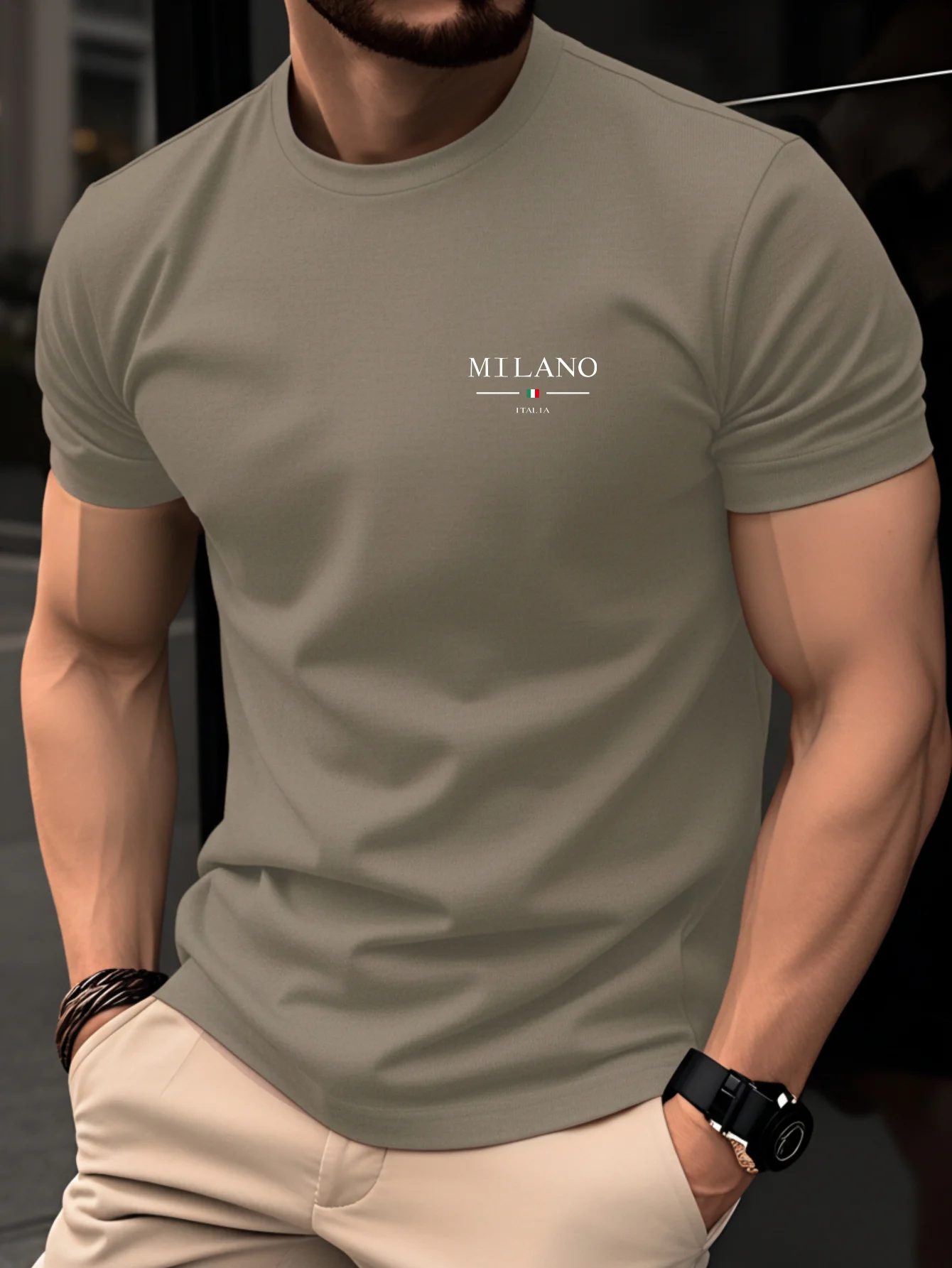 Camiseta Masculina de Verão 100% Algodão Casual com Estampa MILANO ITALIA Solta e Respirável com Gola Redonda e Manga Curta
