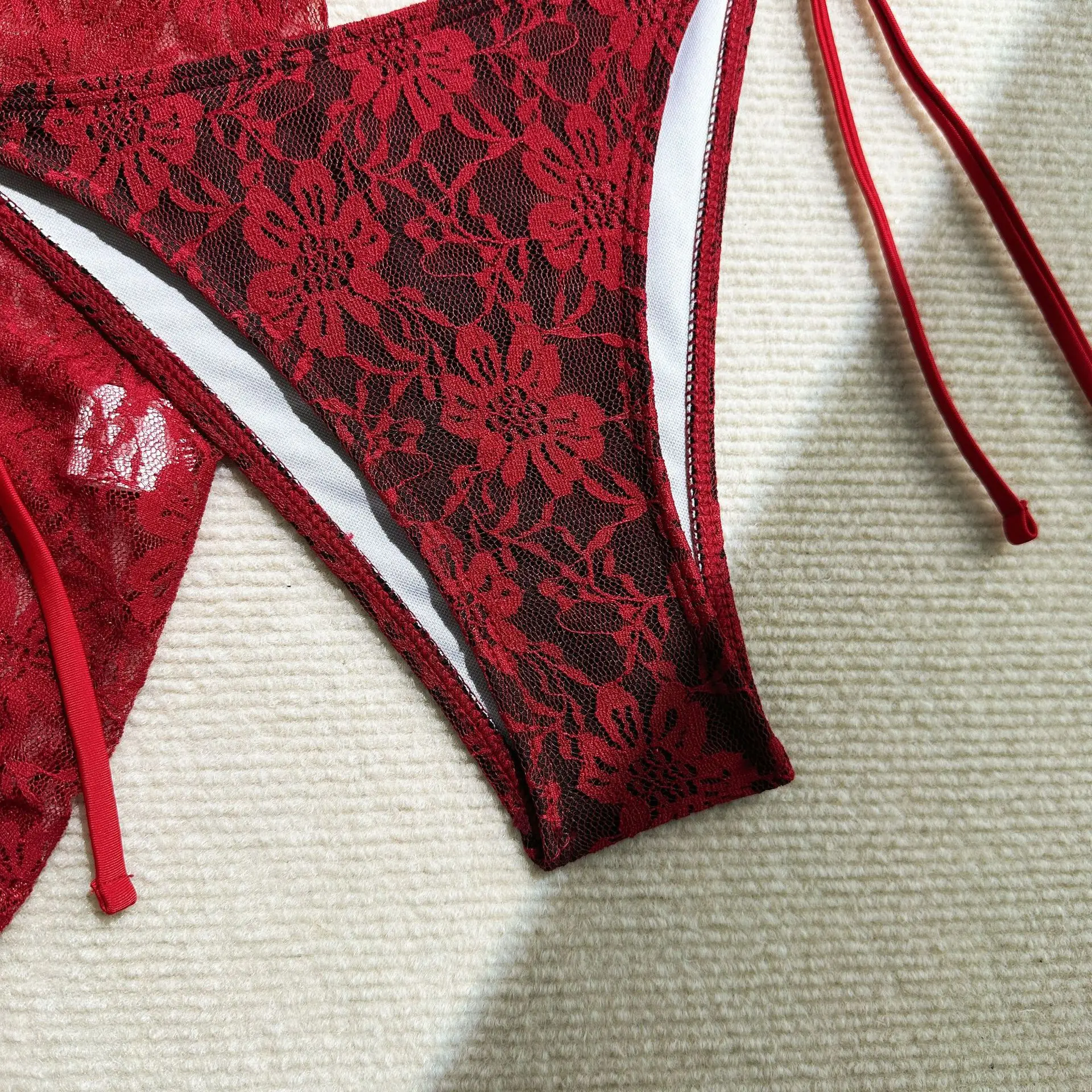 sexy lace micro mini string halter bikinis sets 3pcs with cover skirt black and red 2 color swimwear swimsuit bathing suit