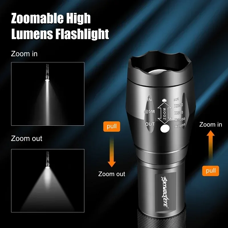 Skywolfeye Super Light Led Flashlight Set 5 Lighting Modes Zoomable Torch with 2 Slot Battery Charger for Hiking