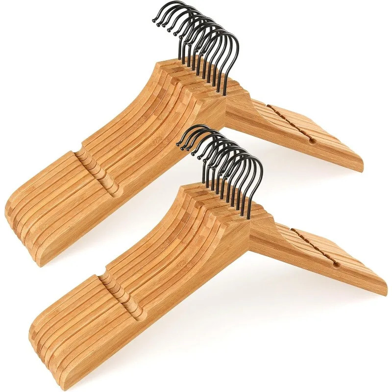 

Bamboo Wooden Hangers, Clothes Hangers with Rotatable Black Hook and Smooth Cut Nothces