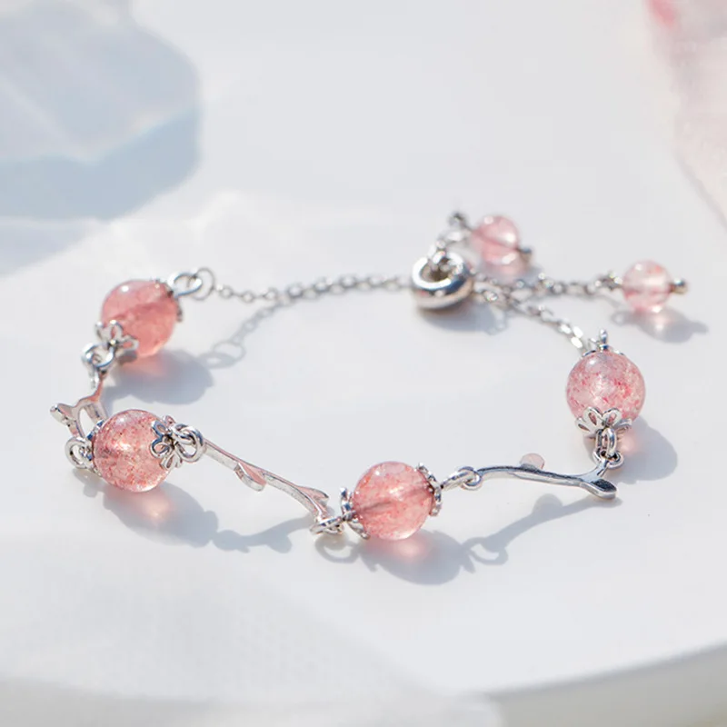 

New 925 Silver Pink Blue Branch Leaf Strawberry Adjustable Chain Bracelet For Woman Girl Fashion Jewelry Gift Dropship