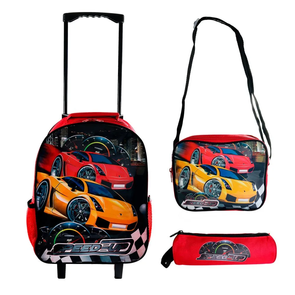 3 PCs Red Cart Children School Backpack Kit