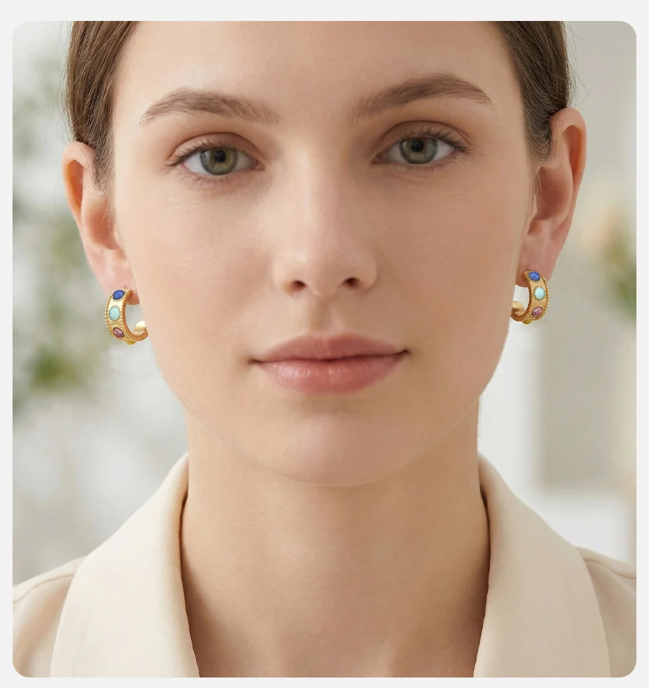 Vnox Elegante C-förmige Ohrstecker mit mehrfarbigen Steinen für Damen, Vintage-Stil, bunte Natursteine, trendiger Ohrstecker, Partyschmuck – Detail 2