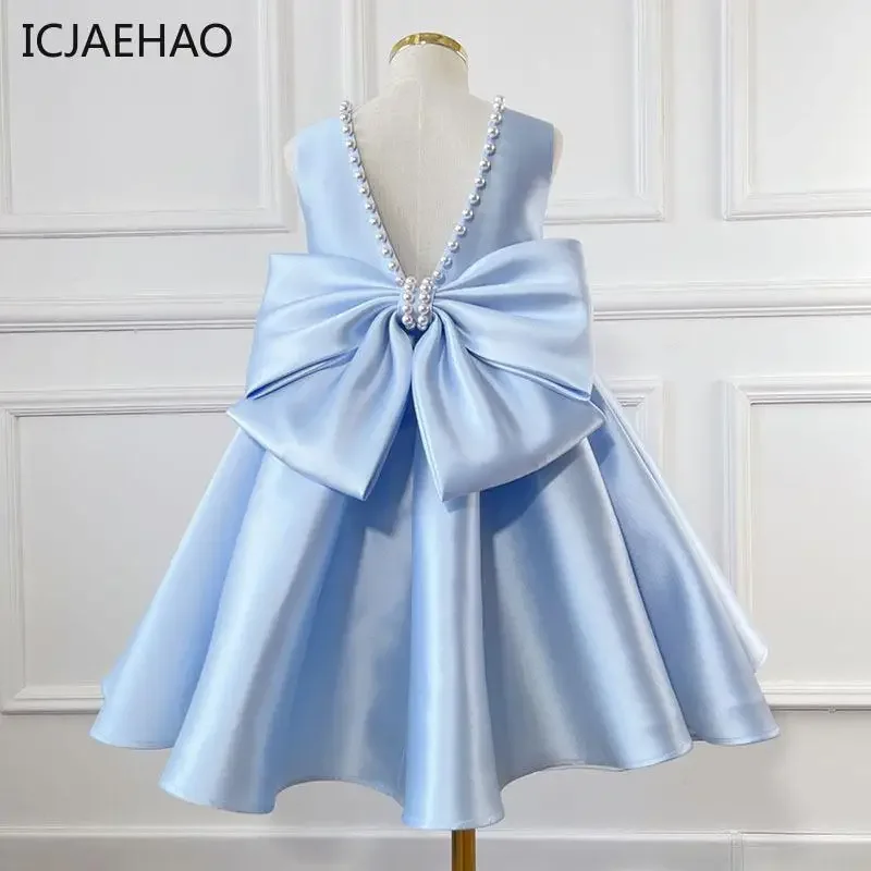 2025 Abito da bambina senza maniche in raso con perline semplice tinta unita per bambini principessa bambino abbigliamento nobile regalo di compleanno