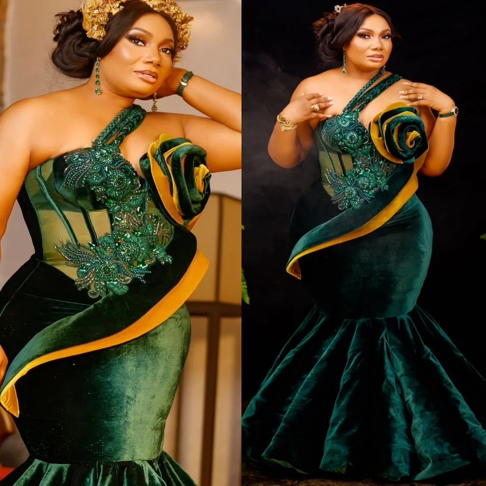 Vestidos de fiesta de sirena verde oscuro 2025, un hombro con cuentas de cristales, vestidos formales de noche de terciopelo para fiesta de cumpleaños, vestidos ZJ2609