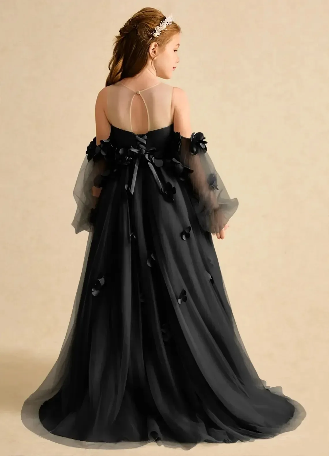 Bohemian children's flower girl dress, off-shoulder tulle princess dress, elegant tail dress, performance catwalk banquet dress