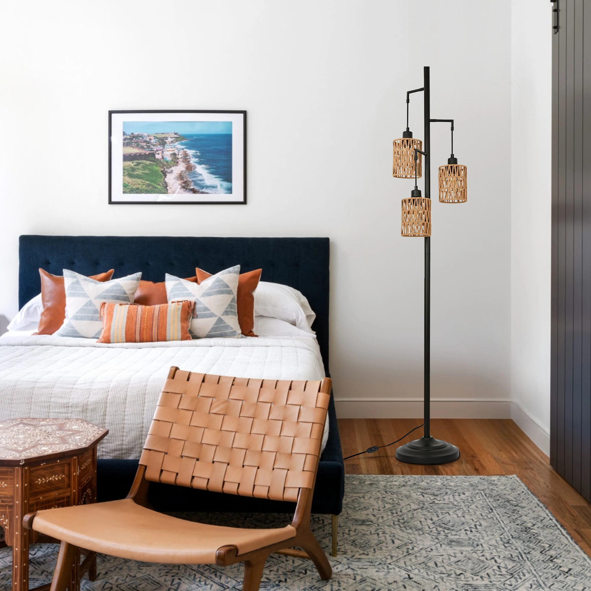 Farmhouse Floor Lamp 3 Light Boho Floor Light with Rattan Shade Dimmable Floor Lighting Fixture for Bedroom Office Decor