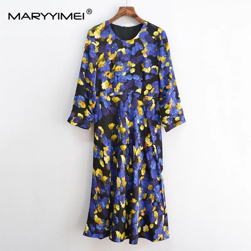 MARYYIMEI Spring Autumn Fashion Women's dress Three Quarter sleeves Tie Dye Print elegant slim Dresses