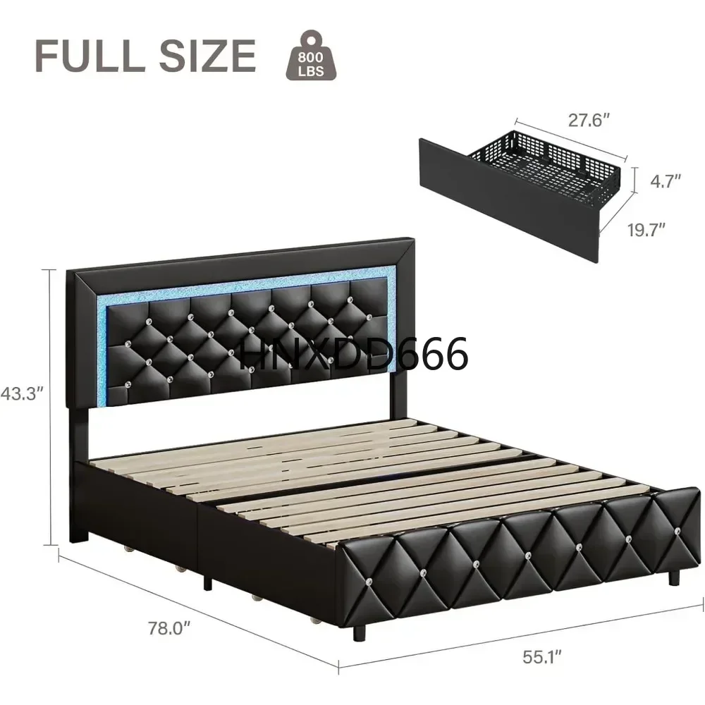 Full Size Bed Frame w LED Lights, Upholstered Bed Frame with 4 Storage Drawers,Platform Bed with Diamond Headboard and Footboard