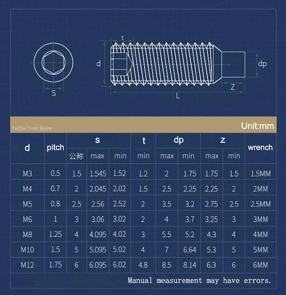 304 Stainless Steel Allen Hexagon Socket Convex End Grub Headless Bolt Dog Point Set Screw M2 M2.5 M3 M4 M5 M6 M8 M10 M12