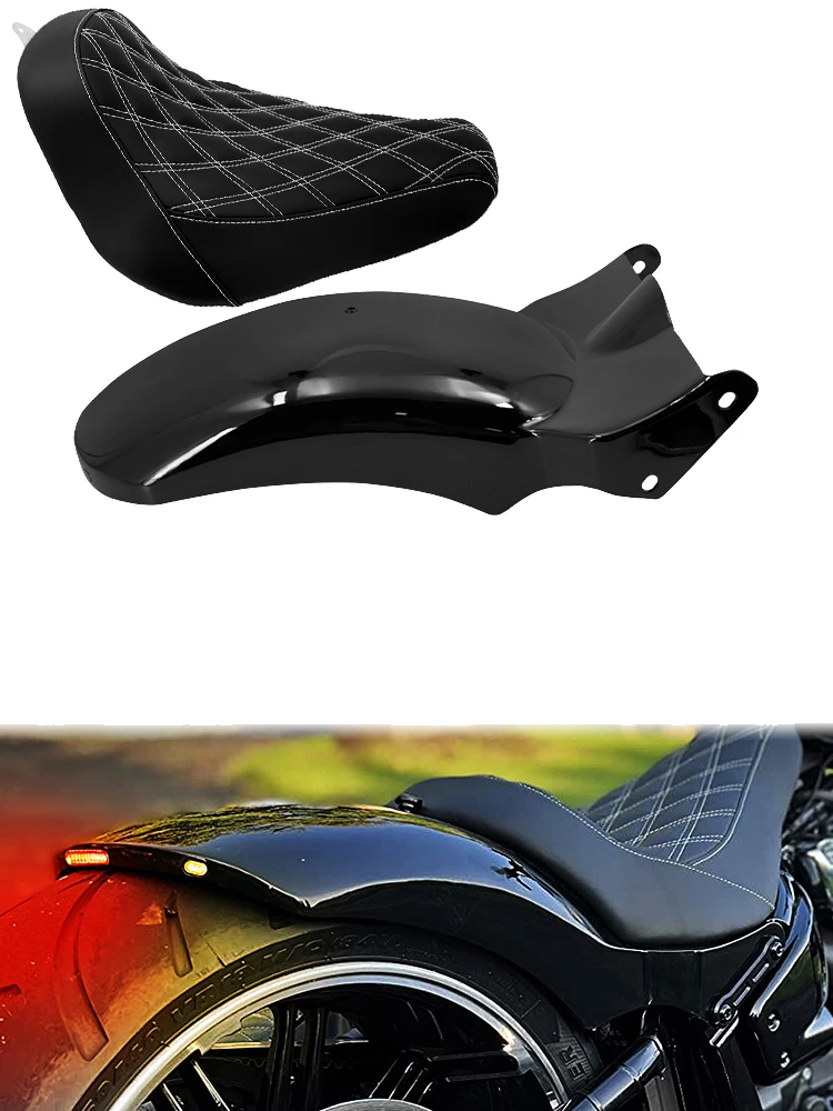 Motorrad-Fahrersitz, Solo-Sitz, kurzer hinterer Kotflügel mit LED, schwarz, für Harley Softail Breakout ab 2018