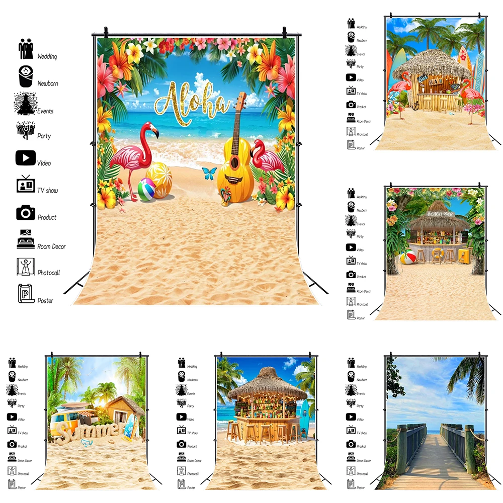 

Hawaiian Summer Beach Photography Backdrop Tropical Flower Surfboard Palm Leaves Birthday Background Luau Aloha Party Tiki Decor