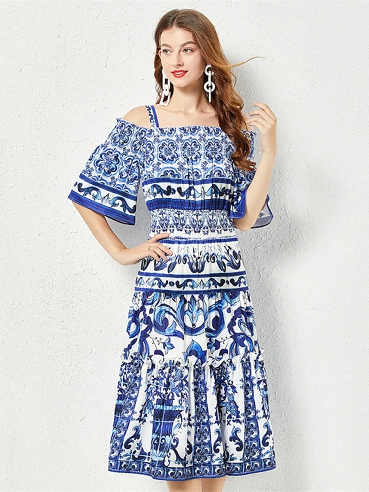 

Summer Runway Blue and White Porcelain Print Beach Midi Dress Women's Spaghetti Strap Flare Sleeve Elastic Waist Cotton Vestidos