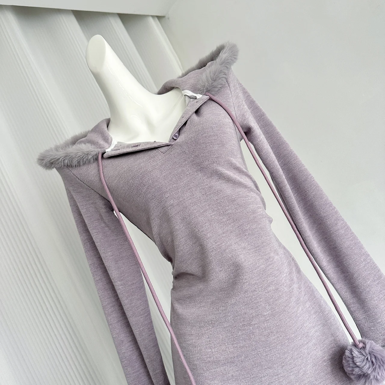 Lolita Girl orlo in pizzo pelliccia con cappuccio viola una linea mini abito da donna di grandi dimensioni nuova primavera autunno manica lunga moda abito corto sottile