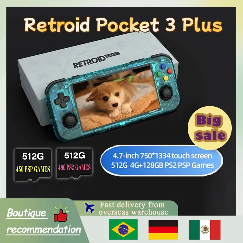 Retroid Pocket 3 Plus Handheld Game Console Retroid Pocket 3+ Retro Game Console 512G 4.7 Inch HD 4G+128GB PS2 PSP Console Gifts