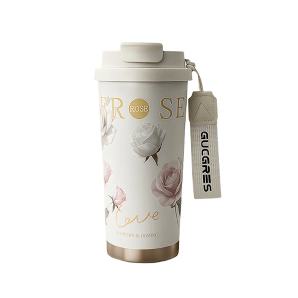 

500ML Thermo Coffee Mug LeakProof Ceramic Coating Insulated Cup Stainless Steel Flower Print Vacuum Cup Coffee Drinking