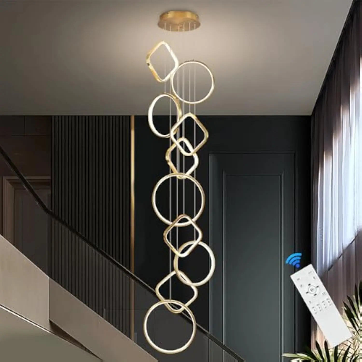 

Gold High Ceiling Chandelier 10 Rings Modern Led Chandeliers Long Chandelier for Entryway Dimmable Staircase Flush Mount Chande