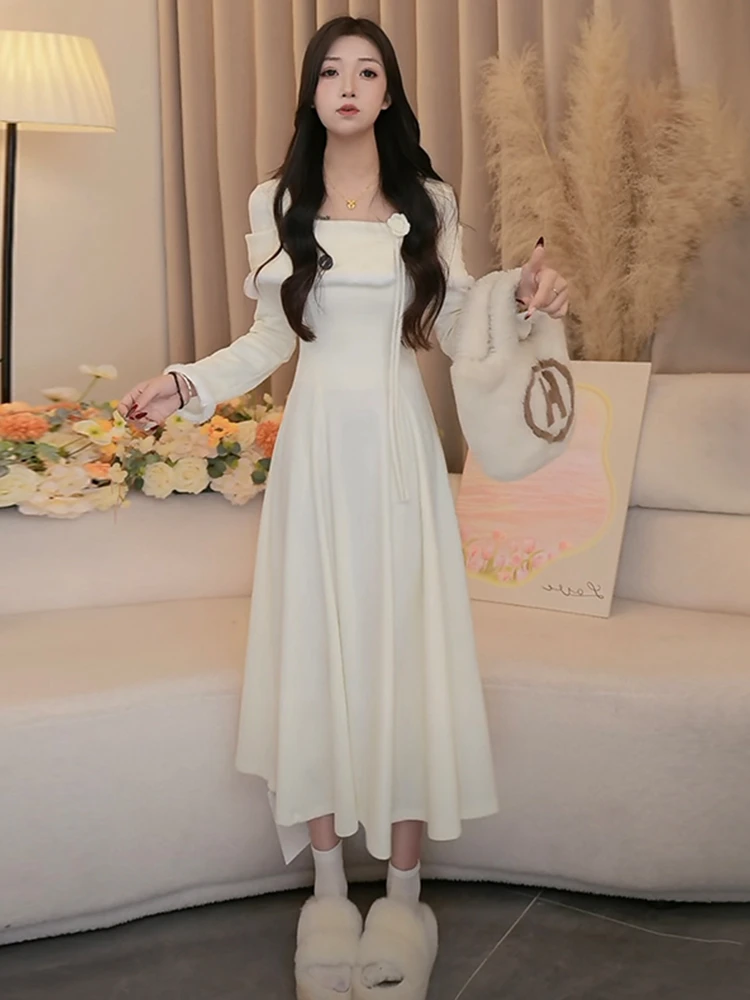 

Белая вязаная юбка А-силуэта на одно плечо с завышенной талией, длинная, комфортная, из полиэфирного волокна, зимняя мода 2026