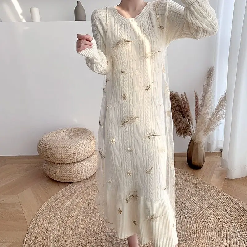 Korean Slim Knit Sweater Dress Women Knitted Mesh Spaghetti Strap Dress Female Long Sleeve Winter Autumn Dress