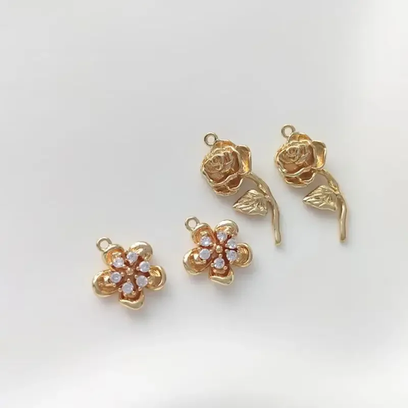 Paquete de oro de 14 quilates, flor de circón con rama y hoja, colgante de rosa, pendientes hechos a mano, collar, pulsera, colgante de joyería DIY