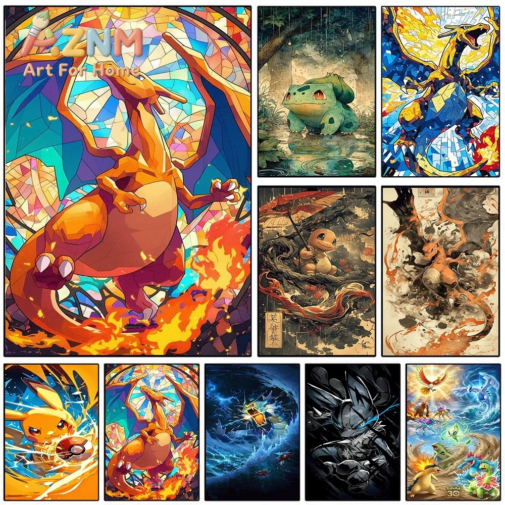 Stained Glass Style Pokemon Charizard Canvas Wall Art No Frame Anime Print Poster Painting for Bedroom Living Room Home Wall D