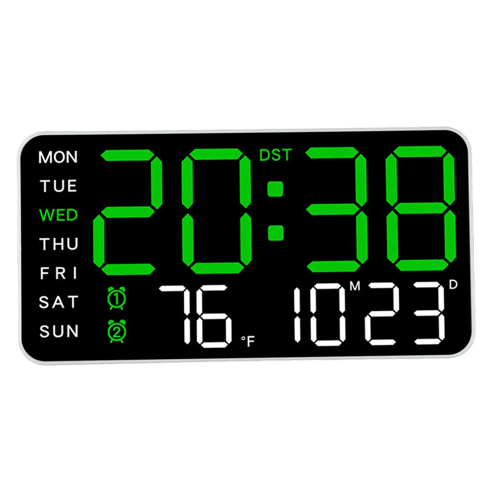 LED Digital Wall Clock with Temperature Date Week Display 5 Brightness Levels Daylight Saving Time Fahrenheit Celsius Switch