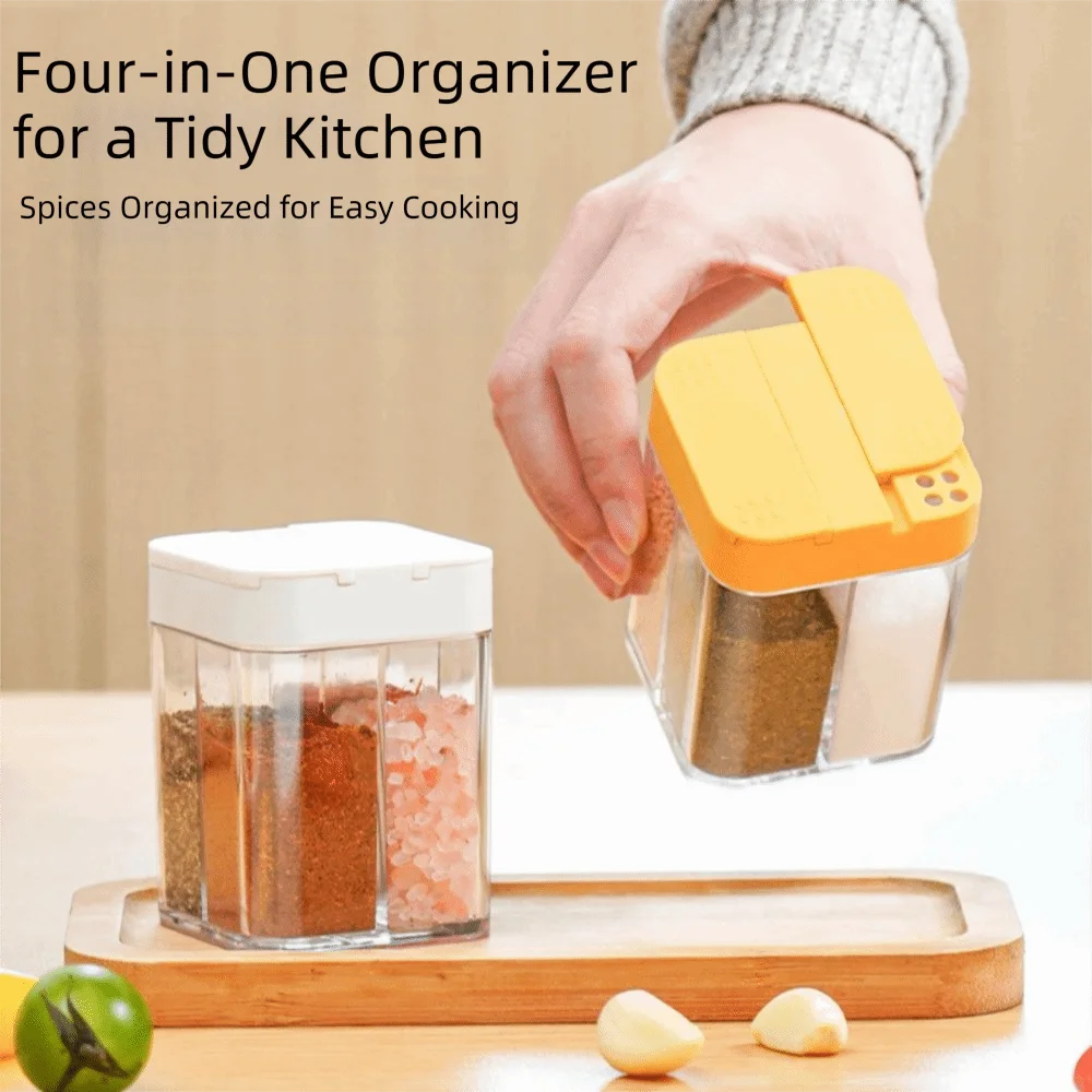 Four In One Spice Dispenser Sliding Cover Transparent Plastic Seasoning Container Adjustable Holes Four Compartments