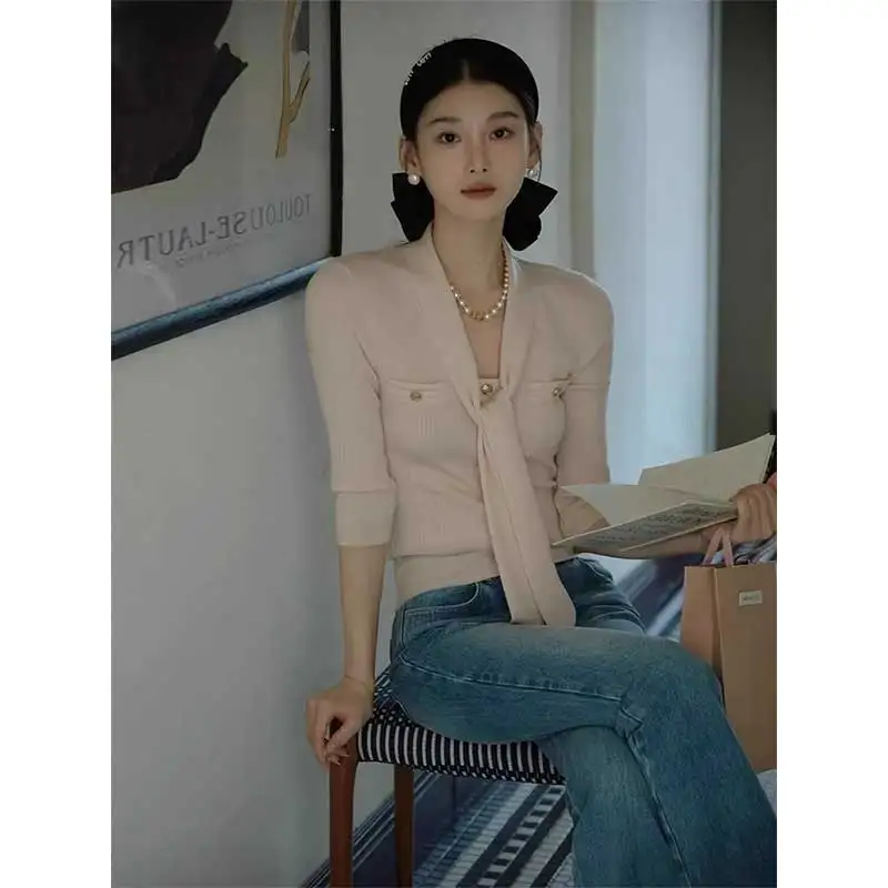 Women Clothing Autumn Winter Fashion Casual Simplicity All-match Solid Color V-neck Knitting Female Lacing Drawstring Pullovers