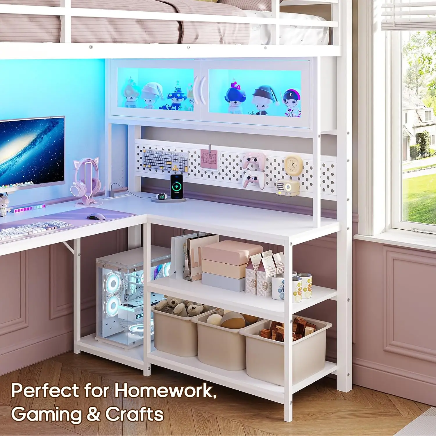 Twin Gaming Loft Bed with Desk, White Metal Frame with RGB Acrylic Hutch, 3 Storage Drawers, Shelves, Pegboard, Power Outlet image 3