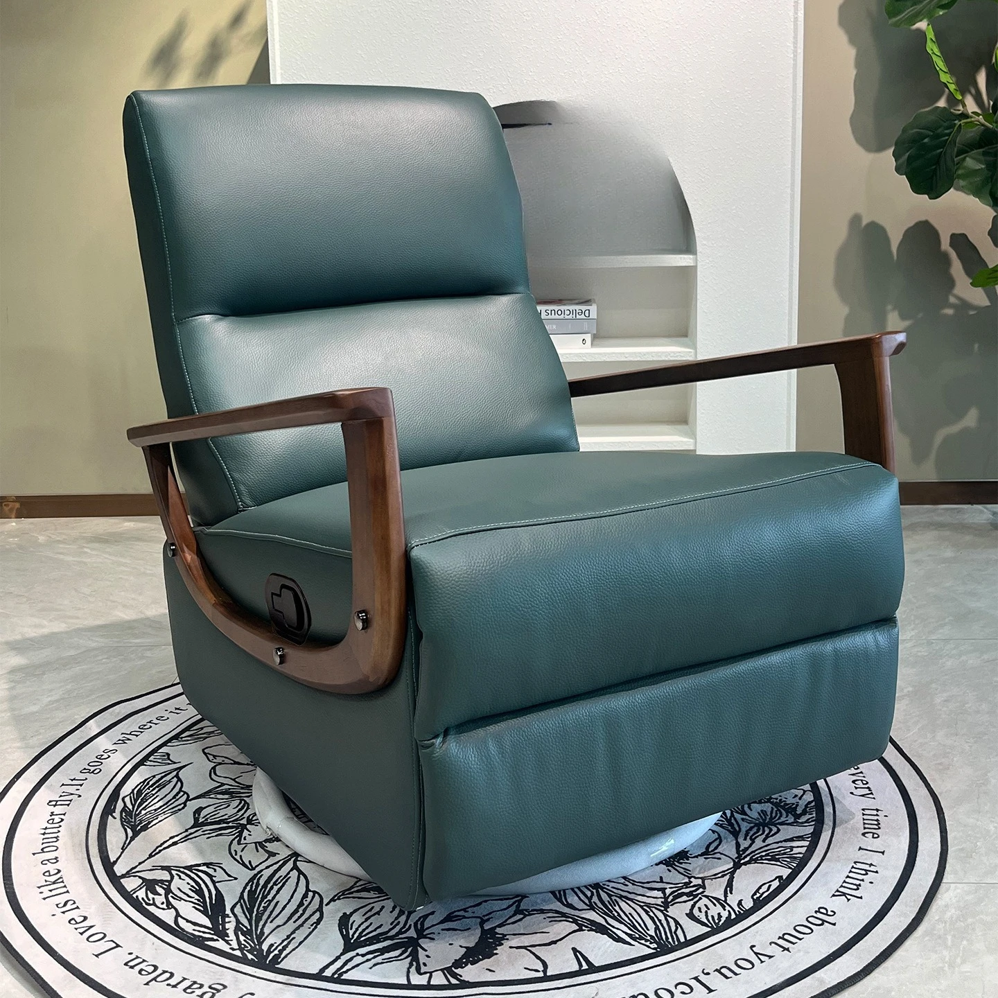 DSA retro solid wood frame single manual rotating rocking chair high-end leather leisure chair multi-functional lazy sofa