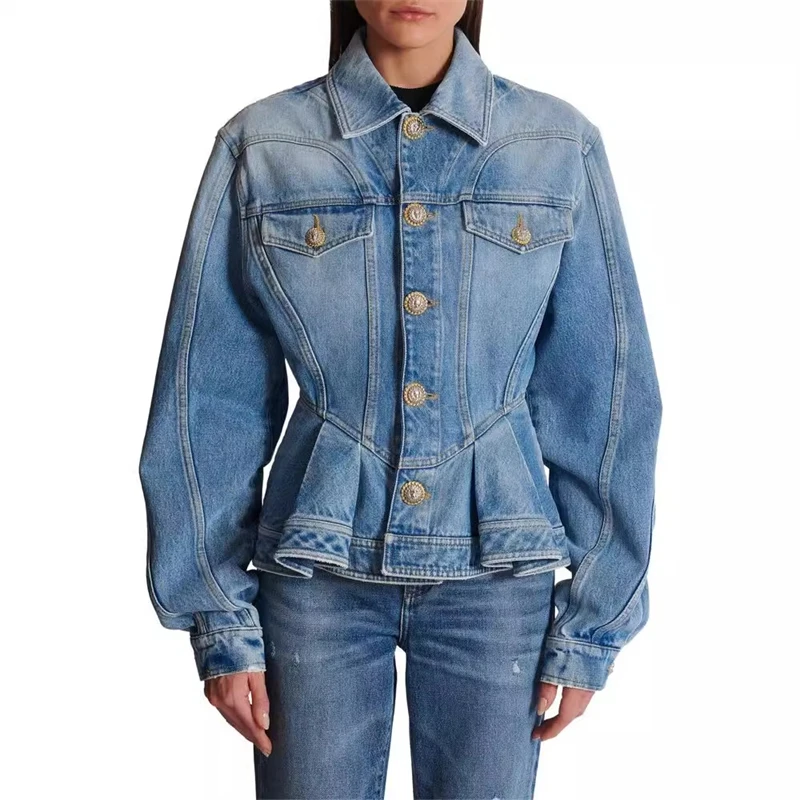 Fall 2024New women's lapel single-breasted lapel Pure cotton wash denim jacket y2k fashion retro waisted fishtail hemCasual coat