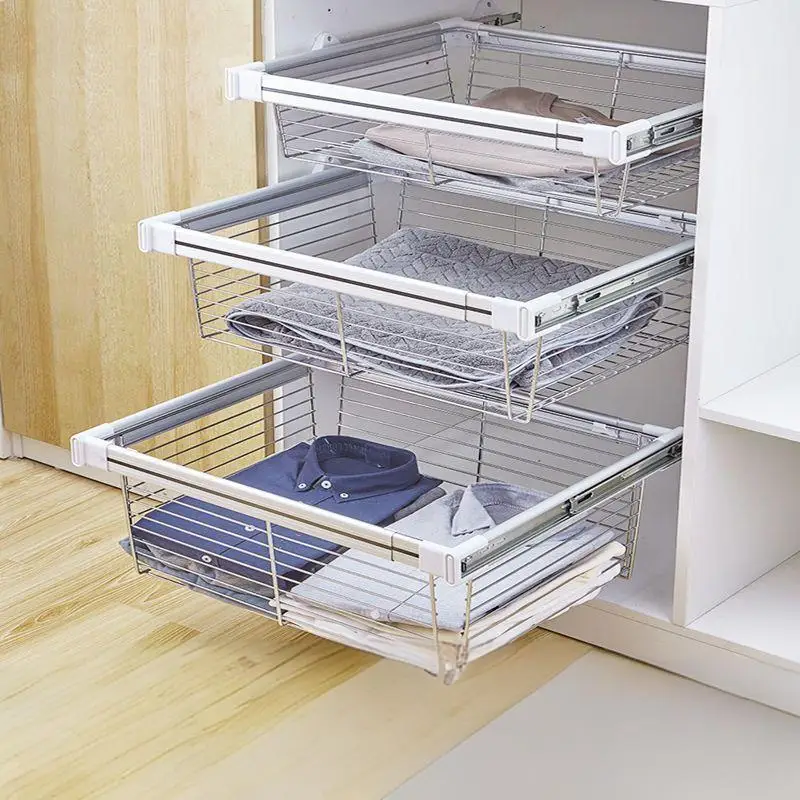 

Wardrobe basket drawer type telescopic basket household cloakroom storage rack blue cabinet telescopic pants rack hardware