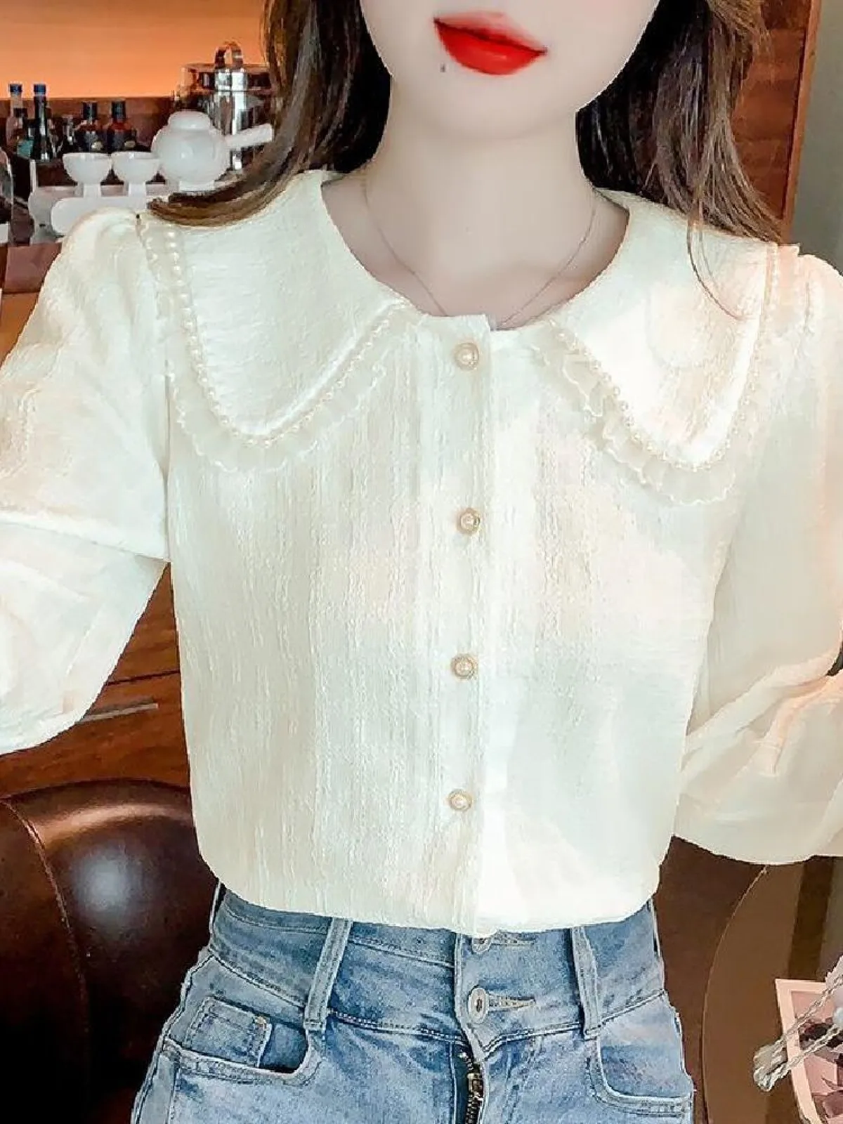 

Elegant Long Sleeve Blouse with Ruffle Doll Collar And Bubble Sleeves for Women Spring 2026 Clean Fit Style Casual Wear