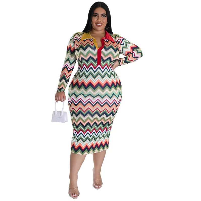 European and American large women\'s long sleeved collar printed open tube plus size women fashion dress