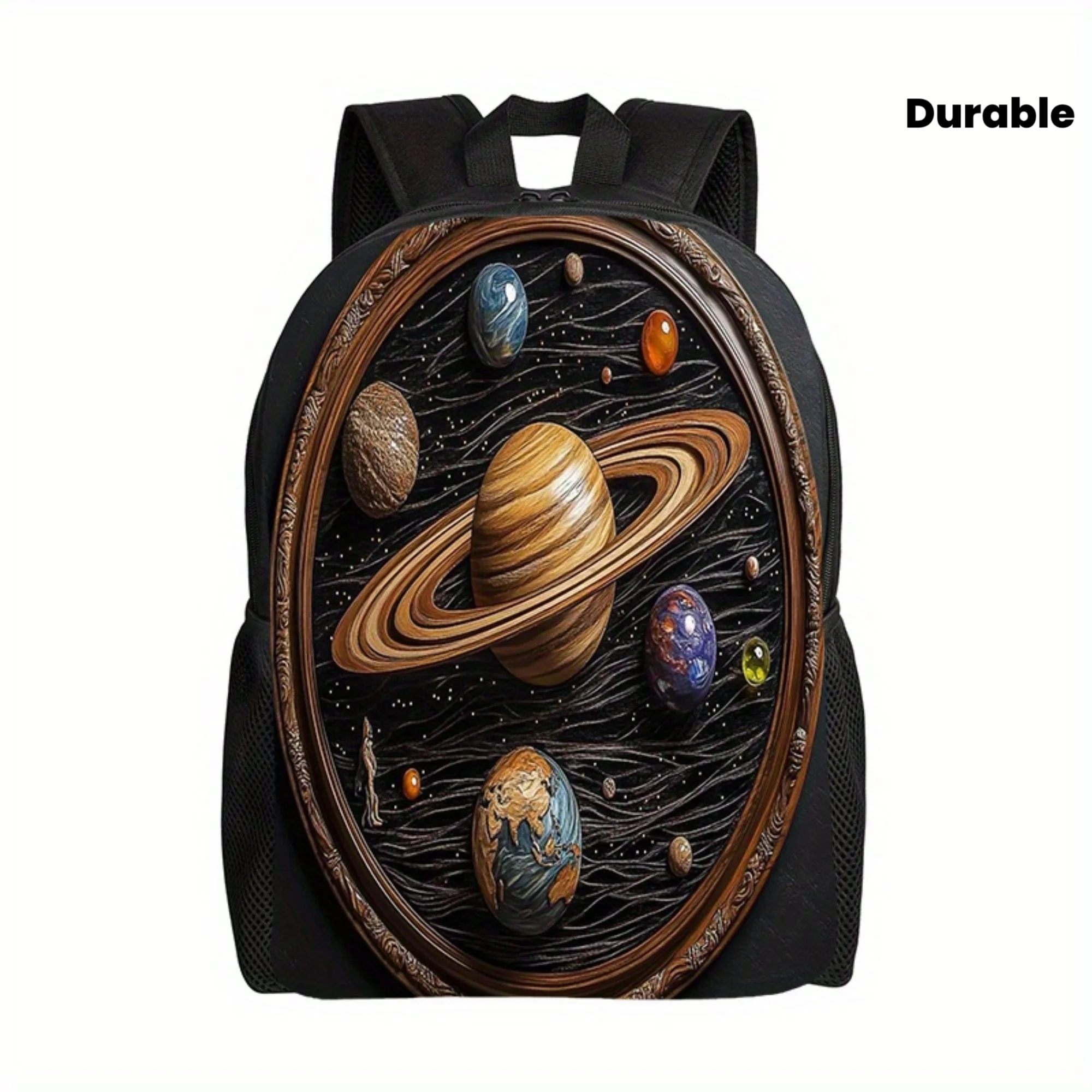

Cosmic Planet Backpack - Saturn-themed design, durable zipper closure, adjustable shoulder straps - sturdy bag for daily use