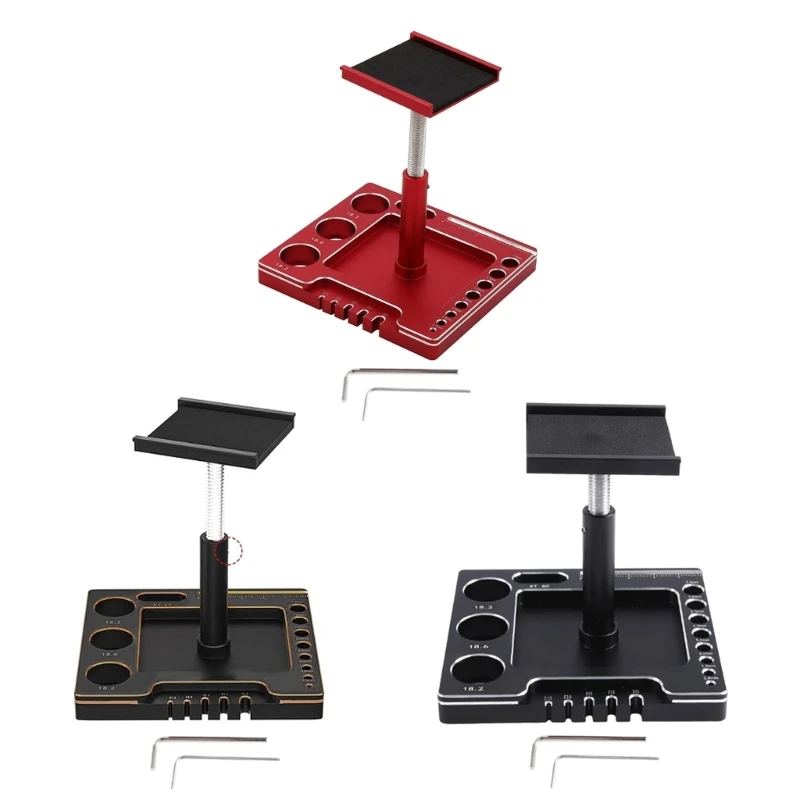 Remote Control Car Work Stand Aluminum Repair Workstation 360 Degree Rotation Lift Lower with Screw Tray for 1/12 1/16 Scale